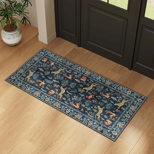 DUKINO 2x4 Rug for Hallway, Washable Kitchen Runner Rug with Non Slip Backing, Soft Low Pile Vintage Animal Runner for Bedroom, Kitchen, Hallway, Entryway, Laundry, Navy Blue