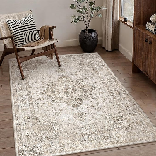 Taupe Area Rug 3x4 Washable Vintage Carpet for Office Kitchen Non Slip Retro Distressed Door Mat Low Pile Soft Oriental Medallion Thin Small Throw Rug Entryway Bedroom Bathroom Dining Room