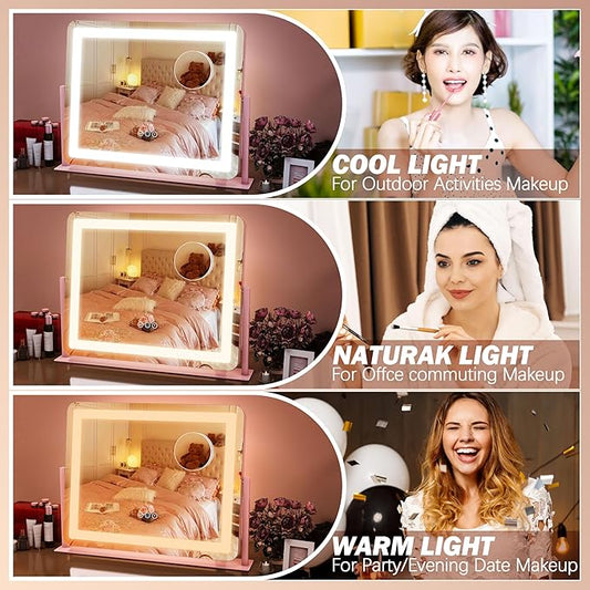 FENNIO Vanity Mirror with Lights 22''x17'' Makeup Mirror,Vanity Mirror Touch Screen with 3-Color Lighting,Dimmable,for Vanity Desk Tabletop(Pink)