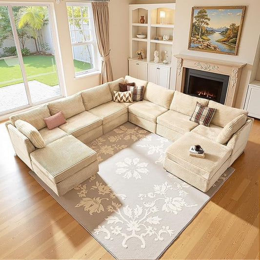 Large 9 Seat Modular Sectional Sofa with Ottoman Seat Corduroy Sleeper Sectional Sofa Bed Oversized Convertible Modular Couch for Living Room
