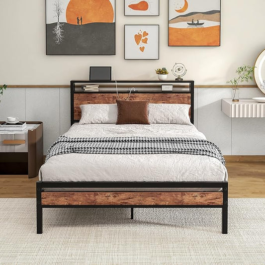 HOJINLINERO Full Size Bed Frame with Storage Headboard/USB Charging Station,Metal Platform Bed Frame Full Size No Box Spring Needed,Noise-Free,Strong Steel Slats Support,Rustic Brown