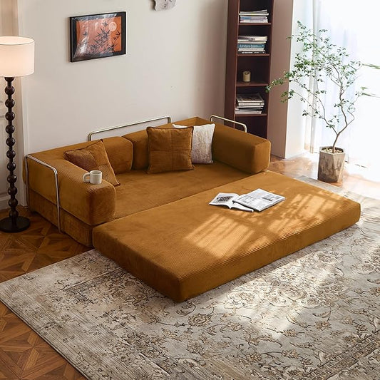 78.8" Convertible Sofa Bed - Compression Sofa with Corduroy Fabric - with Armrests and Backrest - Modular Sectional for Living Room, Bedroom, Studio - Compression Sofa in Box (Yellow)