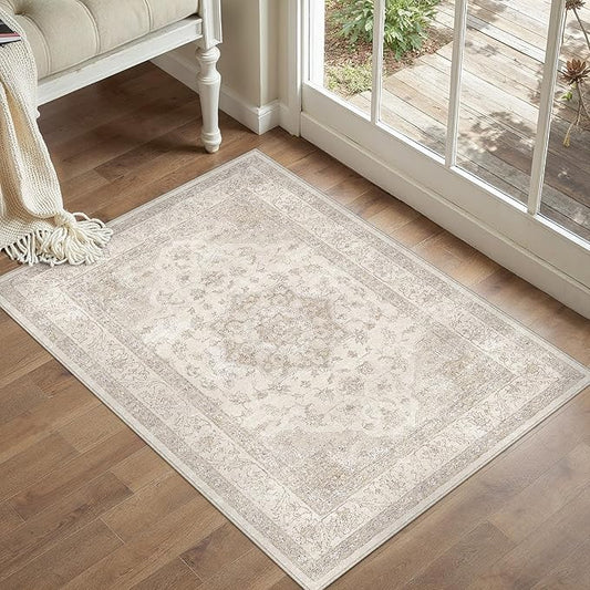 Beige Area Rug 2x3 Washable Vintage Small Carpet for Entryway Kitchen Soft Retro Low Pile Thin Door Mat Non Slip Oriental Medallion Throw Rug for Bathroom Office Bedroom Dining Room