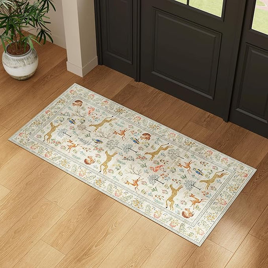 DUKINO 2x5 Rug for Hallway, Washable Kitchen Runner Rug with Non Slip Backing, Soft Low Pile Vintage Animal Runner for Bedroom, Kitchen, Hallway, Entryway, Laundry, Beige
