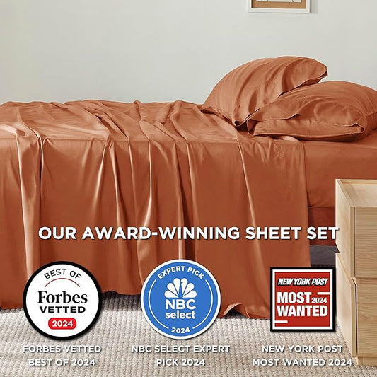 Bedsure King Size Sheets Set, Cooling Sheets for Hot Sleepers, Rayon Derived from Bamboo, Breathable & Soft, Deep Pocket Up to 16 Inches, Hotel Luxury Silky Bedding, Burnt Orange