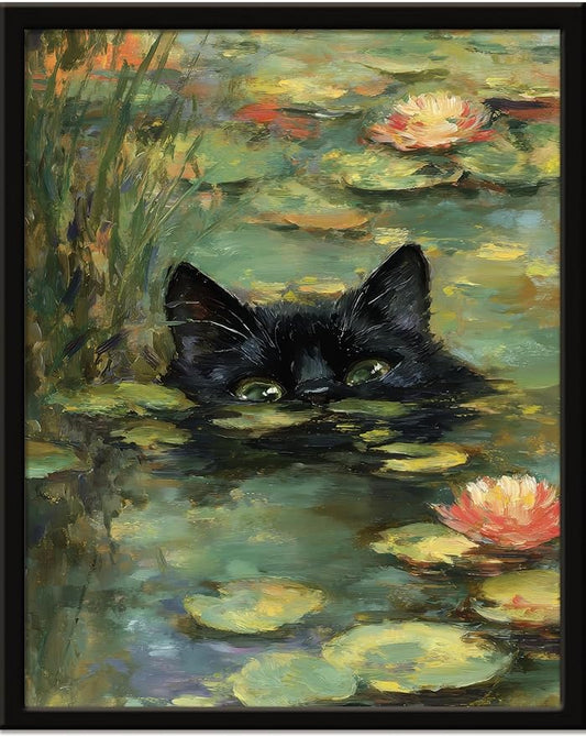 Monet Prints Vintage Cat Wall Art Print Cat In Water Lilies Posters Retro Canvas Art Wall Decor Picture For Bedroom Dorm Bathroom Wall Decor Aesthetic Home Artwork 8" × 10" With Framed