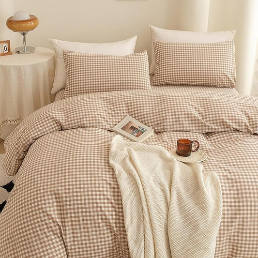 ECOCOTT Gingham Duvet Cover Queen Size 100% Washed Cotton Like Linen Feel Super Soft & Comfy Bedding Set Modern Checkered Design for All Seasons