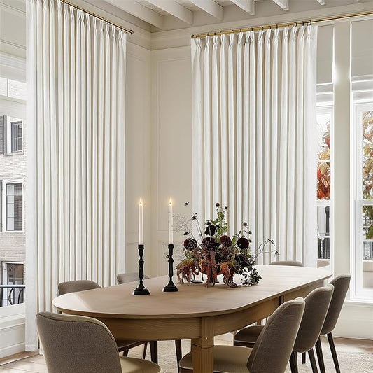 Extra Wide Pinch Pleat Linen Curtains 108 Inches Long for Living Room Sliding Glass Door 100 Inch Wide Semi Sheer Curtain Cream Ivory Pleated Drape Hooks Rings 100x108 Large Window Curtain 1 Panel