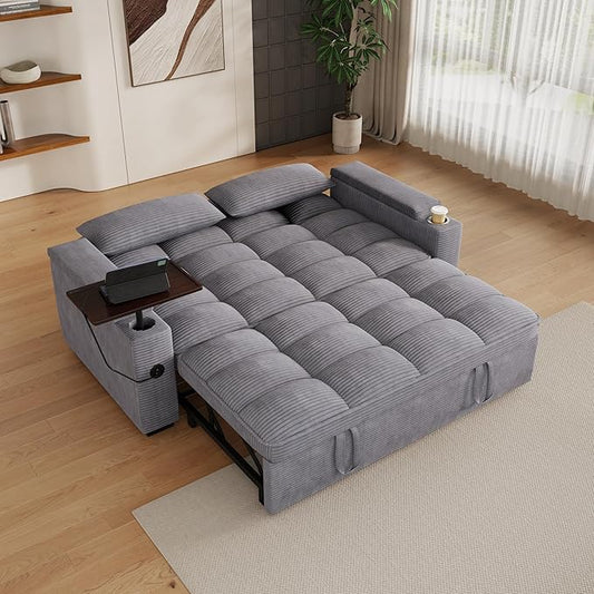 65" Sofa Bed, Loveseat 3-in-1 Sleeper Sofa with Pull Out Bed, 360° Swivel Side Table and USB, 2 Seater Convertible Small Couch for Living Room Apartment (Gray, Corduroy)