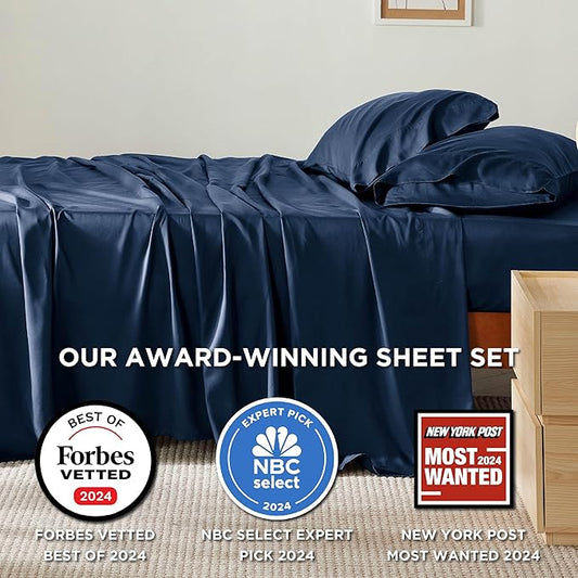 Bedsure California King Sheet Sets, Cooling Sheets for Hot Sleepers, Rayon Derived from Bamboo, Breathable & Soft, Deep Pocket Up to 16 Inches, Hotel Luxury Silky Bedding, Navy