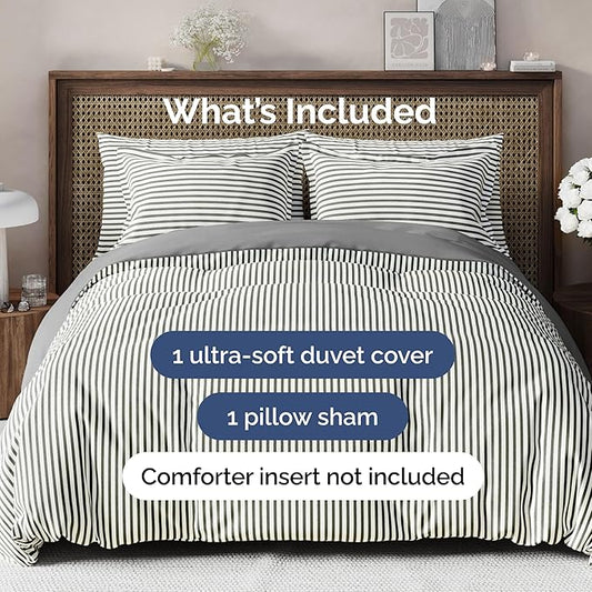 Duvet Cover Twin/Twin XL Size Set - Extra Soft Duvet Cover 68 x 90 with 1 Pillow Sham - Hotel Luxury, Easy Care and Fade Free w/ Zipper Closures & Ties - Comfy, Breathable Bedding Set (Grey Stripes 2)