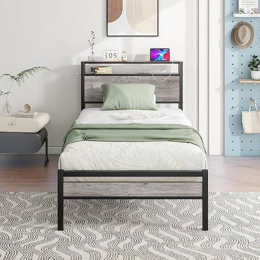 HOJINLINERO Twin Bed Frame with Storage Headboard and Charging Station, Twin Size, Heavy Duty Metal Slats, No Box Spring Needed, Dark Grey