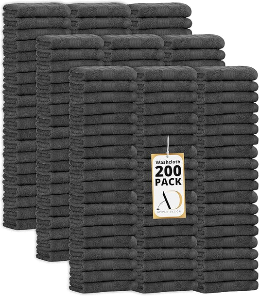 Ample Decor Washcloths Pack of 200 12 X 12 Inch, 600 GSM 100% Cotton Soft Absorbent, Premium Quality Durable Ideal for Bathroom, Pool, Hotel, Spa - Grey
