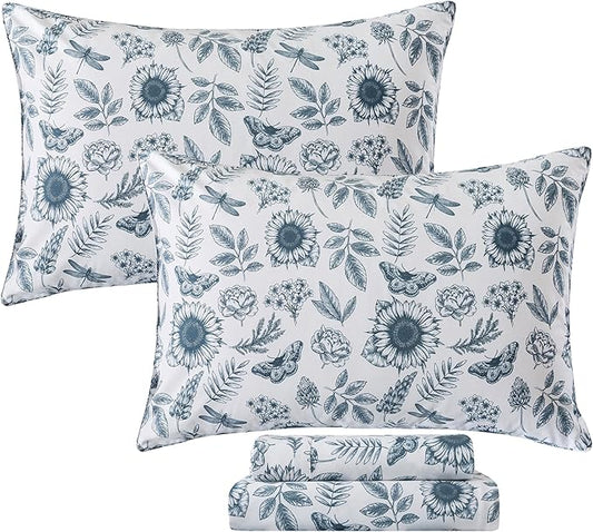 FADFAY Butterfly Sheets Set King Blue and White Sunflower Bedding Vintage Botanical Rose Floral Sheets Shabby Rustic Leaves Bedding 100% Percale Cotton Breathable Soft Deep Pocket 4Pcs, King Size