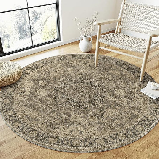 4x4 Washable Brown Round Rug Vintage Entryway Kitchen Cirlce Rug Non-Slip Soft Low Pile Distressed Indoor Carpet for Entrance Bathroom Dining Room