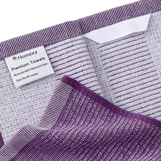 Homaxy Premium Kitchen Towels(18”x 28”, 6 Pack), Large Cotton Kitchen Hand Towels, Flat and Terry Dish Towels, 380 GSM Highly Absorbent Tea Towel Set with Hanging Loop, Purple