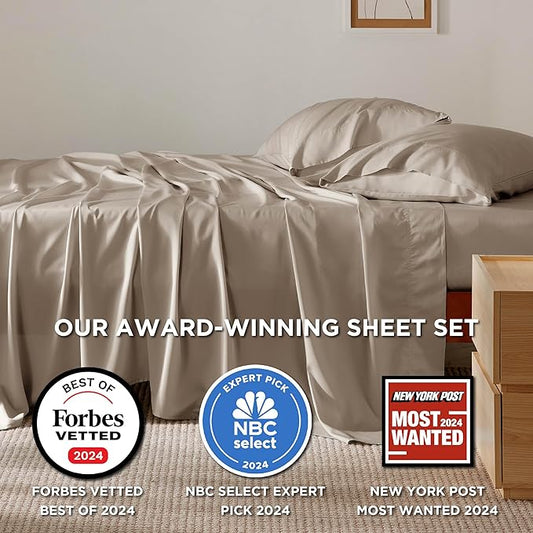 Bedsure Queen Sheet Set, Rayon Derived from Bamboo, Cooling Sheets, Breathable & Soft, Deep Pocket Up to 16 Inches, Hotel Luxury Silky Bedding for Hot Sleepers, Simply Taupe