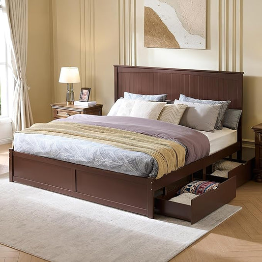 King Size Solid Wood Bed Frame with Storage, Mid-Century Modern Platform Bed with 50" Headboard & 2 Drawers, No Box Spring Needed/Quiet Support/Easy Assembly/Espresso Brown Finish