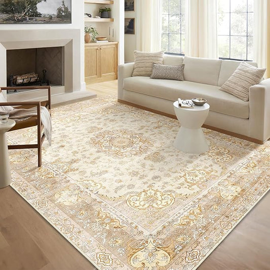 5'x7' Area Rugs Washable,Boho Rug for Living Room Bedroom,Large Vintage Bohemian Distressed Oriental Carpet Non Slip,Beige Gold Floral