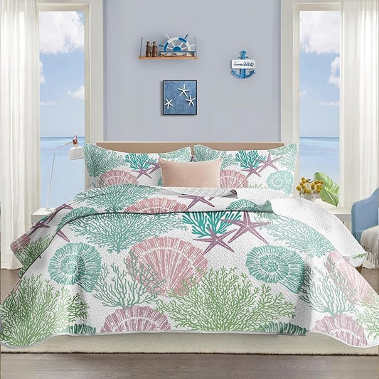Tritard 3 Piece Coastal Quilt Sets King Size - Reversible Microfiber Quilts with 2 Shams Soft Lightweight Beach Bedding Nautical Bedspread Coverlet Summer Comforter Set for All Season, 106''x96'', C5