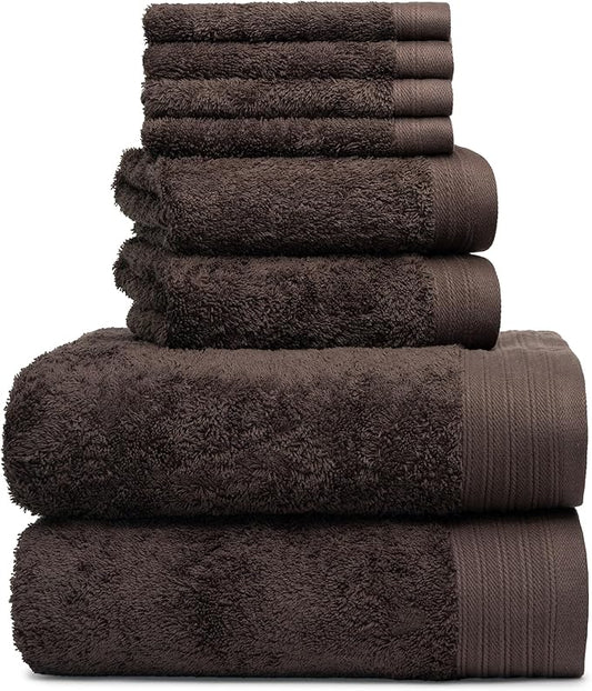 Premium 8 Pieces Towel Set Including 2 Bath Towels 30" x 56", 2 Hand Towels 18" x 30" and 4 Washcloths 13" x 13" - Color: Chocolate | Pure Cotton |Machine Washable high Absorbency