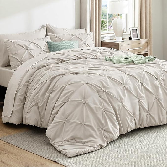 Bedsure California King Comforter Set Linen - Bed in a Bag Cal King 7 Pieces, GentleSoft™ Pintuck Bed Set Gift for Family, Pinch Pleat All Season Comforter with Sheets, Pillowcases & Shams