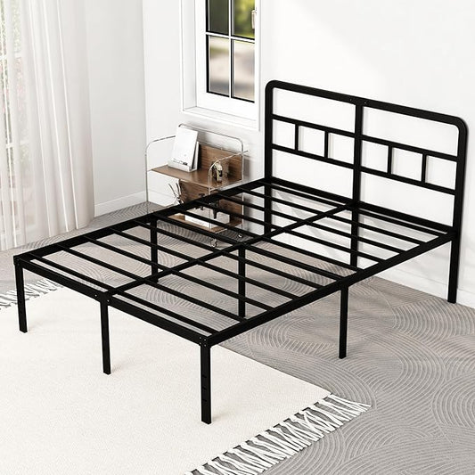 18 Inch Queen Bed Frame with Headboard No Box Spring Needed, Heavy Duty Metal Queen Size Platform with Steel Slat, Mattress Foundation, Easy Assembly, Noise Free, Black