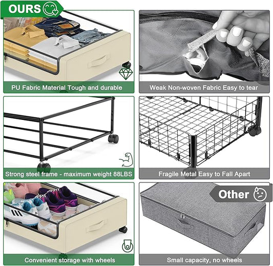 Beborxue Under Bed Storage with Wheels, 2-Pack Under the Bed Storage Containers with Lids, XXL 60L Under Bed Shoes Storage Organizer Bins, Rolling Underbed Storage for Clothes, Shoes, Blankets (Beige)