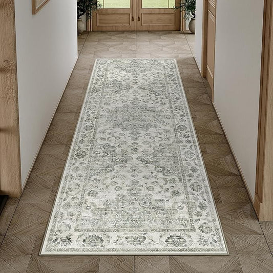 2x6 Washable Neutral Runner Rug Green Vintage Hallway Kitchen Carpet Non-Slip Soft Low Pile Floral Throw Rug for Bedroom Bathroom Laundry Living Room