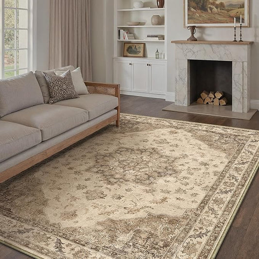 Brown Area Rug 9x12 Washable Vintage Carpet for Living Room Bedroom Large Soft Retro Low Pile Thin Indoor Rug Non Slip Oriental Medallion Floor Cover for Dining Room Office