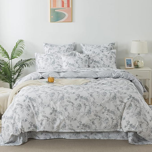 FADFAY Gray and White Duvet Cover Set Queen Shabby White Floral Bedding Vintage Bird Farmhouse Bedding Peacock Quilt Cover Set 100% Cotton Comforter Cover with Hidden Zipper Closure 3Pcs, Queen Size