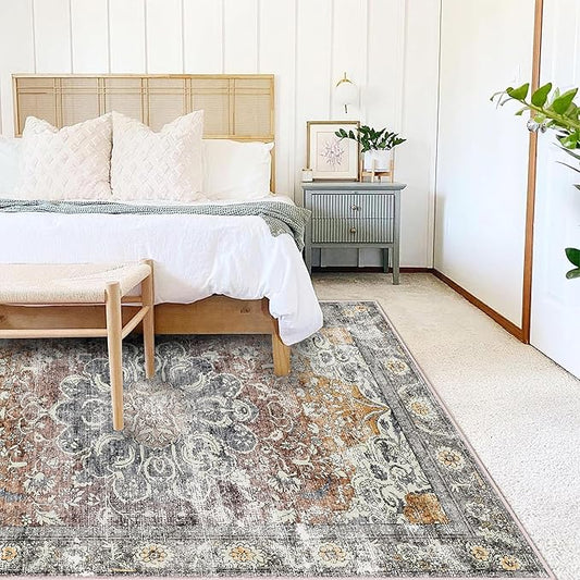 Area Rug 6x9 Washable Rug Brown Grey Vintage Traditional Distressed Thin Retro Kitchen Indoor Floor Cover Non Slip Carpet Floral Print Mat Living Room Bedroom Dining Room