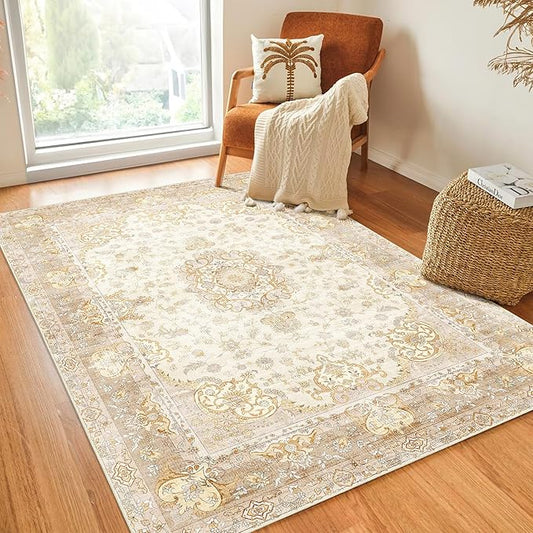 Boho Rug 4'x6.5',Washable Area Rugs for Bedroom Living Room Kitchen Entryway Bedside,Small Vintage Bohemian Distressed Non Slip Carpet,Beige Gold Floral