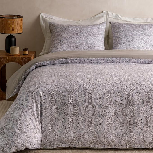 HeimenAogo Egyptian Cotton Duvet Cover California King Sateen Weave, Silky Soft Duvet Cover with Zipper Closure, Long Staple Cotton Comforter Cover Bohemian Damask Geometric 3 Pcs