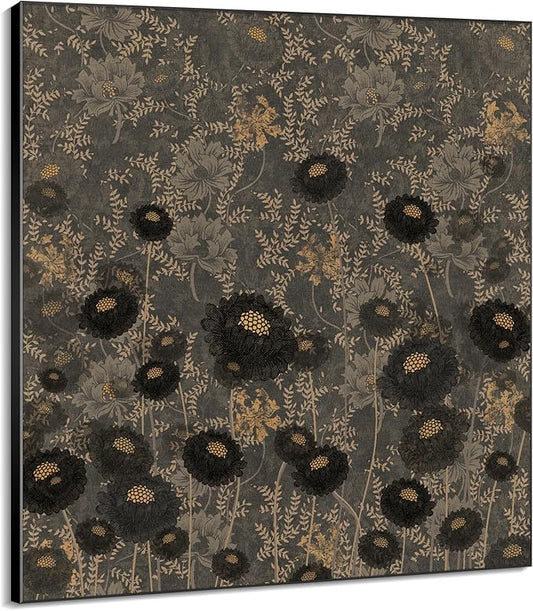 46"x46" XL Framed Wall ArtVintage Floral Pattern Dark Botanical Print with Gold Accents (Frame Assembly Required)
