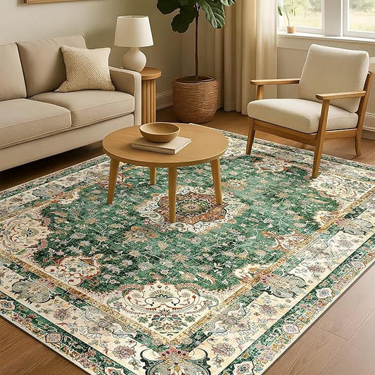 Green Rug 4'x6.5',Washable Area Rugs for Bedroom Living Room Kitchen Entryway Bedside,Small Boho Vintage Bohemian Distressed Oriental Non Slip Carpet,Retro Sage Floral