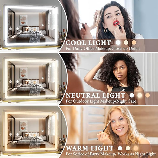 FENNIO Vanity Mirror with Lights 32"x22", Lighted Makeup Mirror, Large Vanity Mirror with Lights, Touch Sensor with 3 Color Lighting,USB Charging Port for Vanity Desk Tabletop(Gold)