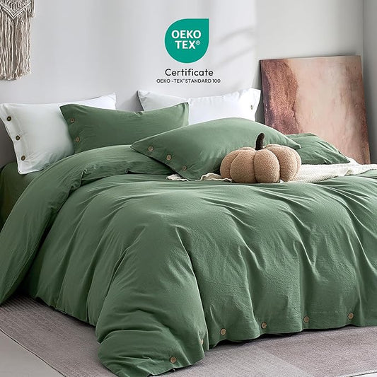 JELLYMONI 100% Washed Cotton Duvet Cover King – Soft, Breathable Linen-Look Bedding with Natural Wrinkle Texture, Button Closure, 3-Piece Set (Dusty Green, 104"x90")