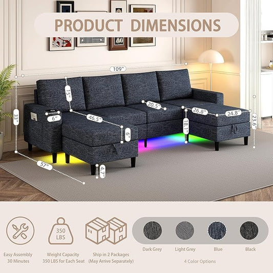 Sectional Couches for Living Room, 4 Seat Sectional Sofa with Smart Module-Wireless Charging/USB/Type-C/RGB Light, U Shaped Couch with Reversible Chaise Lounge/Storage Ottoman (Blue)