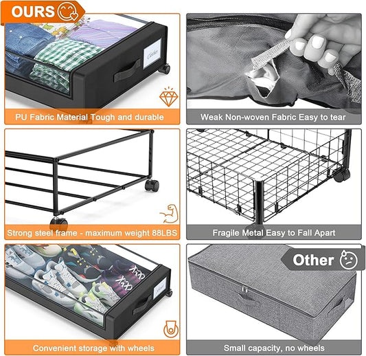 Under Bed Storage with Wheels, 2-Pack Under Bed Storage Containers with Clear Lids, XXL 60L Under the bed storage Organizer Bins, Rolling Under Bed Metal Drawer for Clothes,Shoes,Toys (Black, 2 Pack)