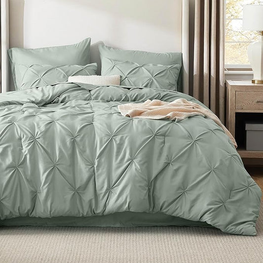 Bedsure Queen Comforter Set Sage Green - Bed in a Bag Queen Size Bedding 7 Pieces, GentleSoft™ Pintuck Bed Set Gift for Family, Pinch Pleat All Season Comforter with Sheets, Pillowcases & Shams