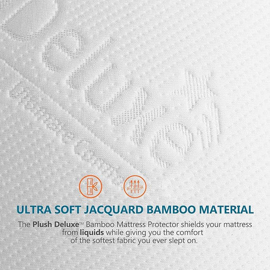 PlushDeluxe Premium Bamboo Mattress Protector – Twin Size, Waterproof, & Ultra Soft Breathable Noiseless Washable Bed Mattress Cover for Comfort & Protection - White