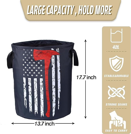 American Flag Red Line Ax Laundry Basket Firemen Foldable Oxford Cloth Funny Tote Bag Laundry Hamper Clothes Storage Bucket Organizer For Bathroom/Laundry Storage /Bedroom17.7x13.7Inch