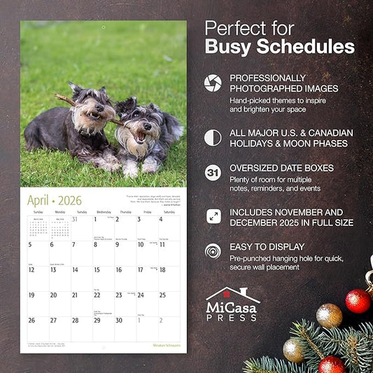 MICASA PRESS Miniature Schnauzers 2026 Wall Calendar 12 Month | 12" x 24" Open | Thick & Sturdy Paper | Holiday Gift | Cute Puppy Dog Calendar 2026