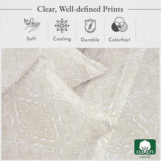 California Design Den California King Sheet Sets - 400 Thread Count Sateen, Natural 100% Cotton Sheets Set, Deep Pocket and Durable Bedding - Paisley Pattern, Beige