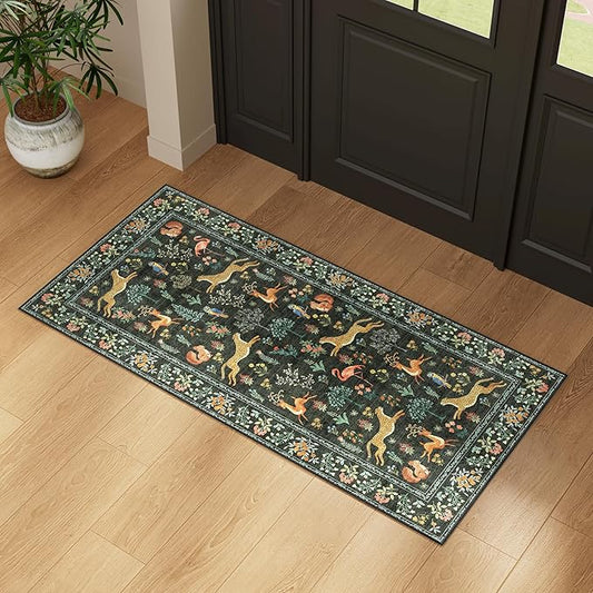 DUKINO 2x4 Rug for Hallway, Washable Kitchen Runner Rug with Non Slip Backing, Soft Low Pile Vintage Animal Runner for Bedroom, Kitchen, Hallway, Entryway, Laundry, Black