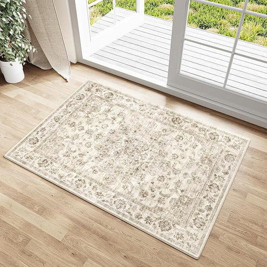 2x3 Washable Neutral Area Rug Beige Vintage Entryway Kitchen Carpet Non-Slip Soft Low Pile Floral Indoor Small Throw Rug for Bedroom Bathroom Entrance