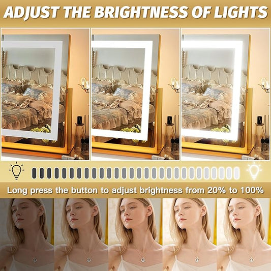 FENNIO Vanity Mirror with Lights 22''x18'' Makeup Mirror with Lights,Lighted Makeup Mirror with 10X Magnification ,Smart Touch Screen with 3-Color Lighting,Dimmable(Square Gold)