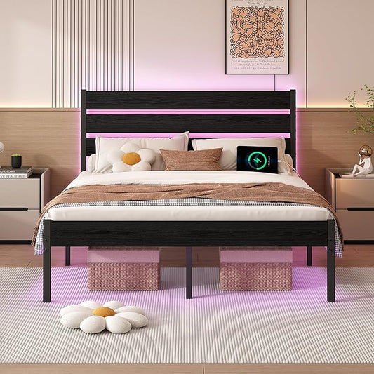 Full Size Bed Frame with Headboard,Heavy Duty LED Bed Frame with USB Charging Station,Mattress Foundation-Under Bed Storage, No Box Spring Needed, Noise Free,Black