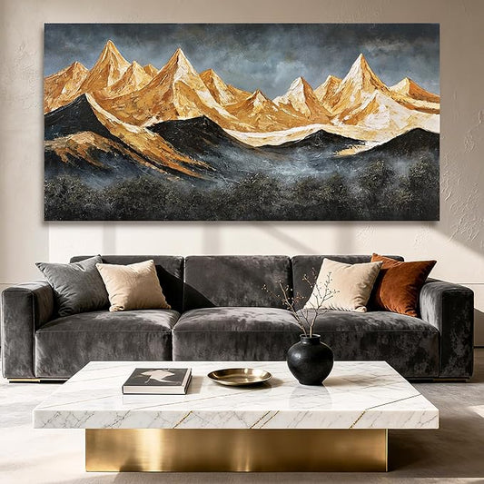 YETHEN WAL Extra-Wide Gold Mountain Wall Art – Oversized Panoramic Landscape Canvas, Textured Mountain Scenery for Living Room Bedroom Office, 29×58 Inch